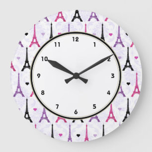 Paris Pink & Purple Eiffel Tower pattern Große Wanduhr