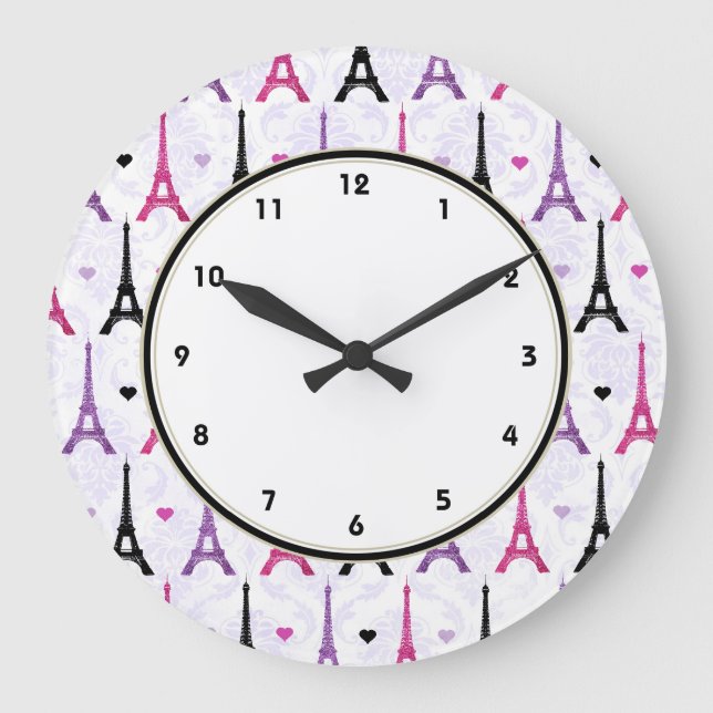 Paris Pink & Purple Eiffel Tower pattern Große Wanduhr (Vorderseite)