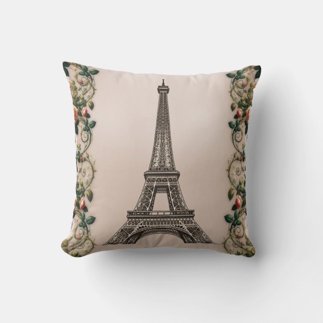 Paris Pink Rose Vines Eiffelturm Shabby Chic Kissen (Vorderseite)