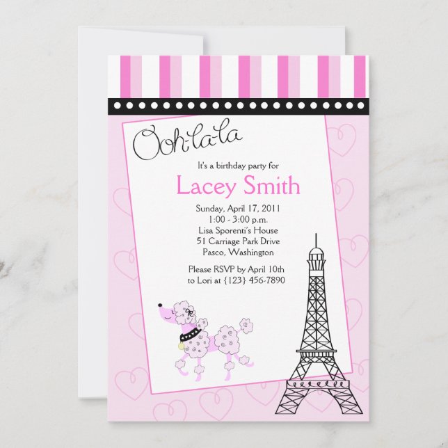 Paris Poodle 12x18 Pink zum Geburtstag Einladung (Vorderseite)
