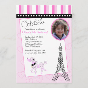 Paris Poodle 5x7 rose Invitation d'anniversaire