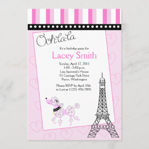 Paris Poodle 5x7 rose Invitation d'anniversaire