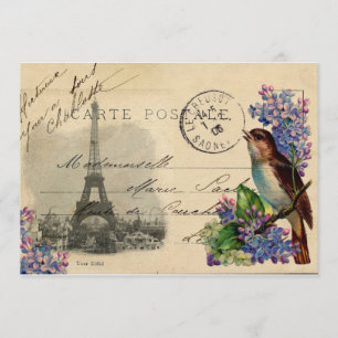 Paris Postcard Bird sur invitation Lilacs