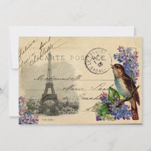Paris-Postkarte Vogel auf Flieder Einladung