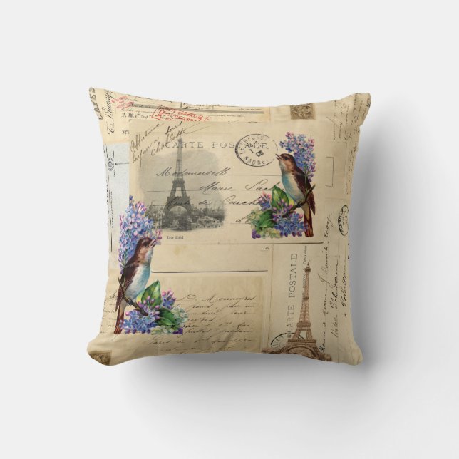 Paris-Postkarten-Vogel auf Flieder-Kissen Kissen (Vorderseite)