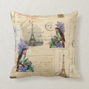 Paris-Postkarten-Vogel auf Flieder-Kissen Kissen