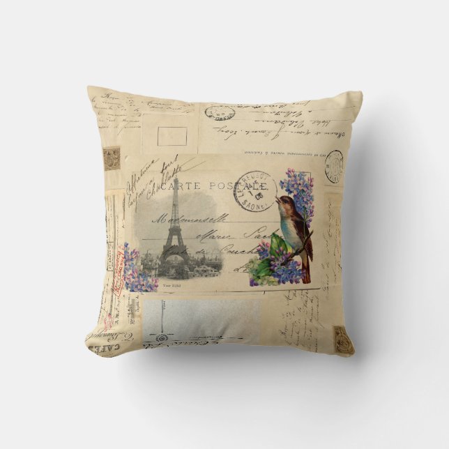 Paris-Postkarten-Vogel auf Flieder-Kissen Kissen (Vorderseite)