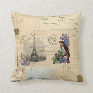 Paris-Postkarten-Vogel auf Flieder-Kissen Kissen