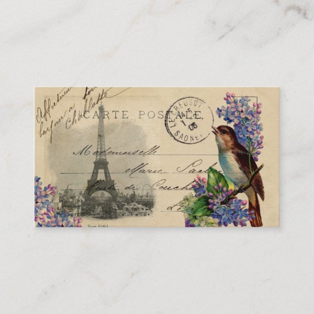 Paris-Postkarten-Vogel auf Flieder-Visitenkarte Visitenkarte (Vorderseite)