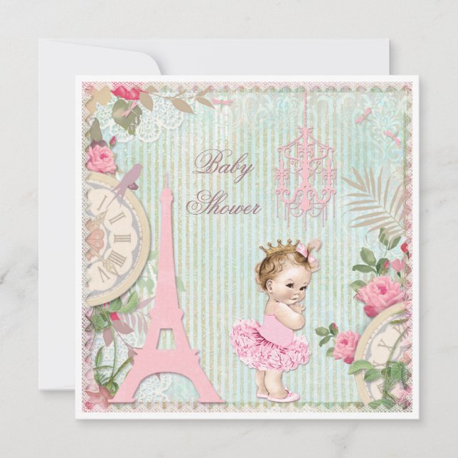 Paris Princess in Tutu Shabby Chic Babydusche Einladung (Vorderseite)