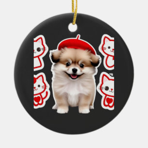 Paris Pup & Kitty Crew � Hübscher Barett-Hund und  Keramik Ornament