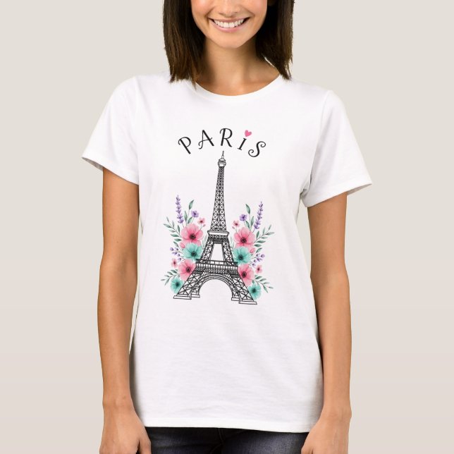 Paris Romance - Eiffelturm und Blumenträume T-Shirt (Vorderseite)