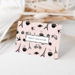 Paris Romance Vielen Dank Dankeskarte<br><div class="desc">Wir bedanken uns bei Ihnen im schicken Stil mit unseren in Paris inspirierten Karten,  die ein Muster aus eiffelfarbenen Silhouetten,  Croissants,  Makaronen,  Kaffeetassen,  Vogelarten und Fahrrädern in schwarz auf einem blütenrosa Hintergrund zeigen. Karten haben eine anpassbare Frontmeldung (Standard ist "merci beaucoup"). Bleib drinnen.</div>