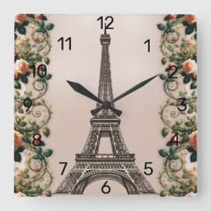 Paris Rosa Rosenreben Eiffelturm Shabby Chic Quadratische Wanduhr