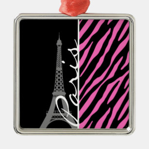 Paris; Rosa u. schwarzer Zebra-Druck Silbernes Ornament