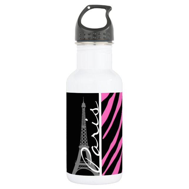 Paris; Rosa u. schwarzer Zebra-Druck Trinkflasche (Vorderseite)