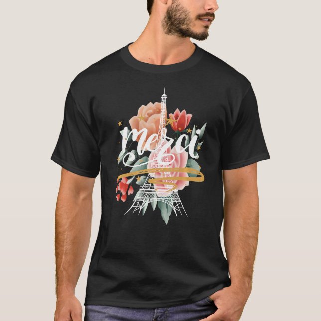 Paris Rose Eiffel Tower Merci Frankreich Parisian  T-Shirt (Vorderseite)