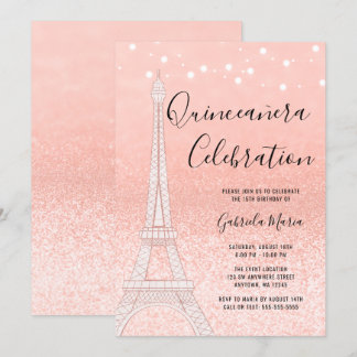 Paris Rose Gold Glitzer Lights Quinceñera Einladung