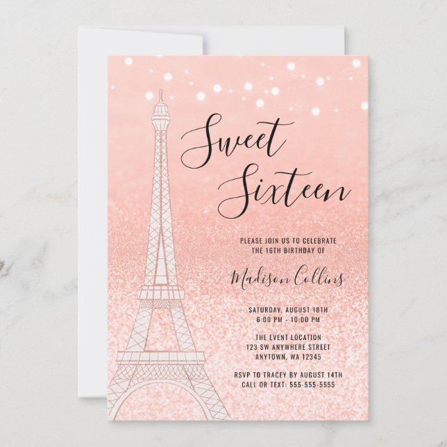 Paris Rose Gold Glitzer Lights Sweet 16 Einladung (Vorderseite)