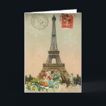 Paris Santa and Snowman Christmas Card Feiertagskarte<br><div class="desc">A beautiful vintage image of the Eiffel Tower in Paris from an old postcard with stamp and postmarks is joined by a great vintage Santa with a car full of toys and children building a snowman by the base of the Eiffel Tower on this lovely and nostalgic Frenthemed Christmas Card....</div>