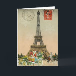 Paris Santa and Snowman Christmas Card Feiertagskarte<br><div class="desc">A beautiful vintage image of the Eiffel Tower in Paris from an old postcard with stamp and postmarks is joined by a great vintage Santa with a car full of toys and children building a snowman by the base of the Eiffel Tower on this lovely and nostalgic Frenthemed Christmas Card....</div>