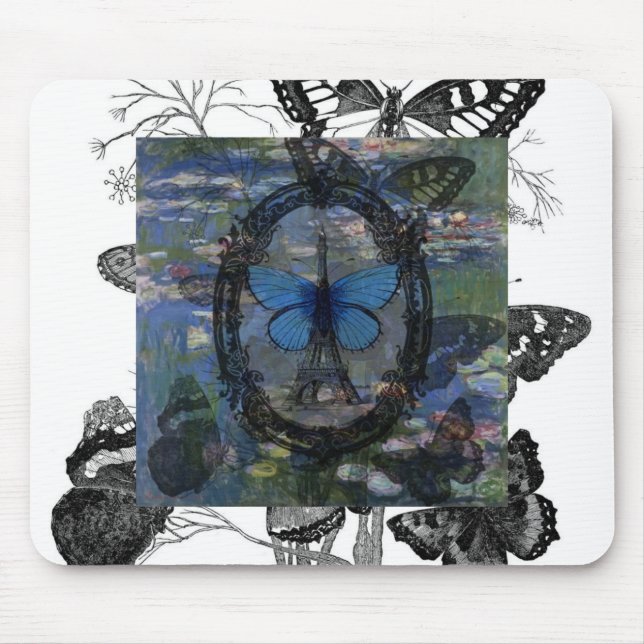 Paris-Schmetterlings-Kunst-Collagen-Mausunterlage Mousepad (Vorne)