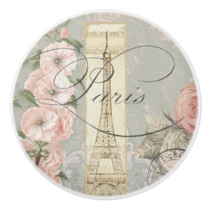 Paris Script Vintage Französisch Rosa Roses Grau Keramikknauf