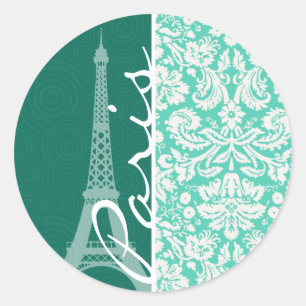 Paris; Seafoam Green Damask Runder Aufkleber