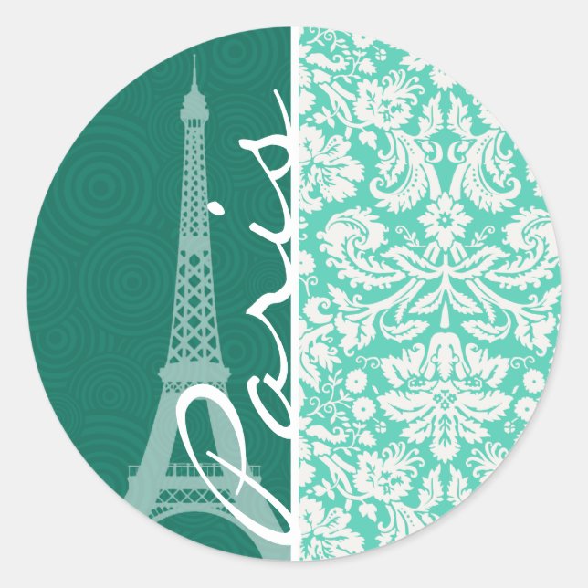 Paris; Seafoam Green Damask Runder Aufkleber (Vorderseite)