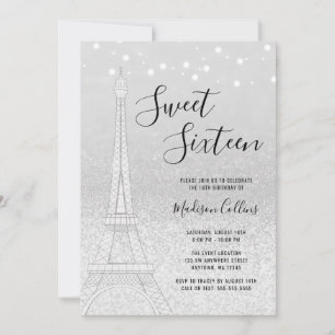 Paris Silver Glitzer Lights Sweet 16 Einladung