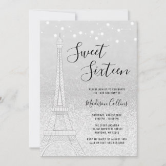 Paris Silver Glitzer Lights Sweet 16 Einladung