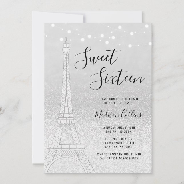 Paris Silver Glitzer Lights Sweet 16 Einladung (Vorderseite)