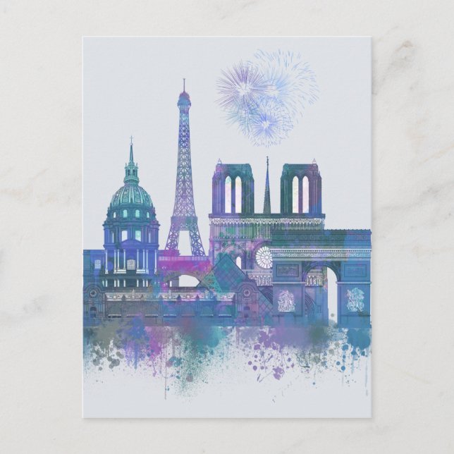 Paris-Skyline - Aquarell-Blau Postkarte (Vorderseite)