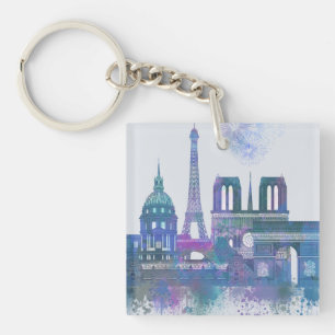 Paris-Skyline - Aquarell-Blau Schlüsselanhänger