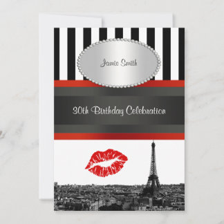 Paris Skyline BW Stripe Red Kiss PV Geburtstagspar Einladung