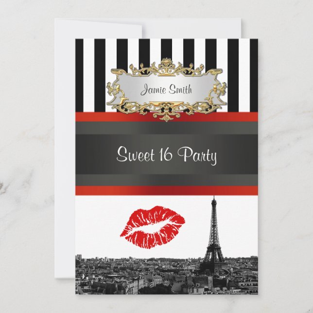 Paris Skyline BW Stripe Red Kiss Sweet 16 Party Einladung (Vorderseite)