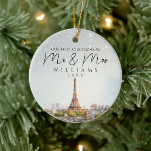 Paris Skyline Erstes Weihnachten als Mr. & Mrs. Fo Keramik Ornament