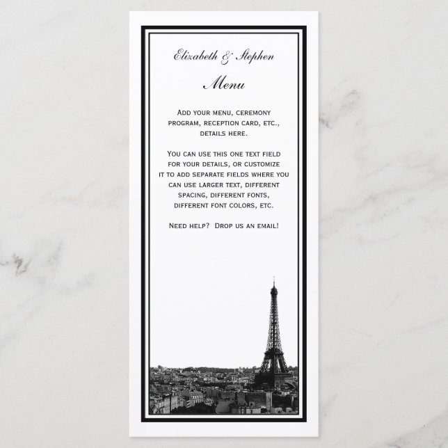 Paris Skyline Etched Gerahmt Menu Card Menükarte (Vorderseite)