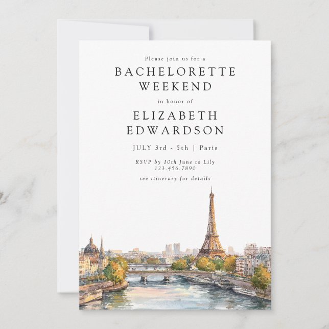 Paris Skyline Watercolor Bachelorette Weekend Einladung (Vorderseite)