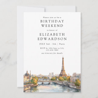 Paris Skyline Watercolor Birthday Weekend Einladung
