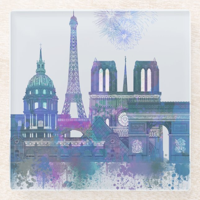 Paris Skyline - Watercolor Blue Glasuntersetzer (Vorderseite)