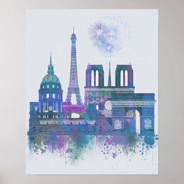Paris Skyline - Watercolor Blue Poster (Vorne)
