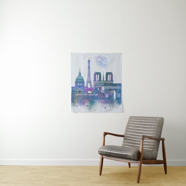 Paris Skyline - Watercolor Blue Wandteppich (Beispiel)