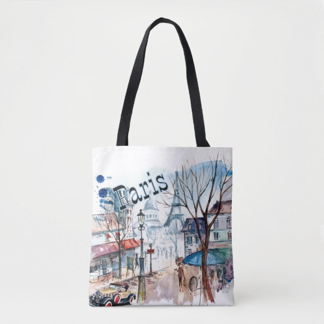 Paris-Straßen-Szenen-Aquarell Tasche (Vorderseite)