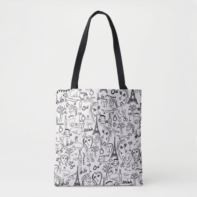 Paris Street Scene Black & White Line Zeichnend Tasche (Vorderseite)