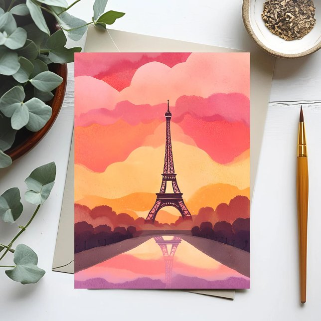 Paris Sunset | Eiffel Tower France Watercolor Postkarte (Von Creator hochgeladen)