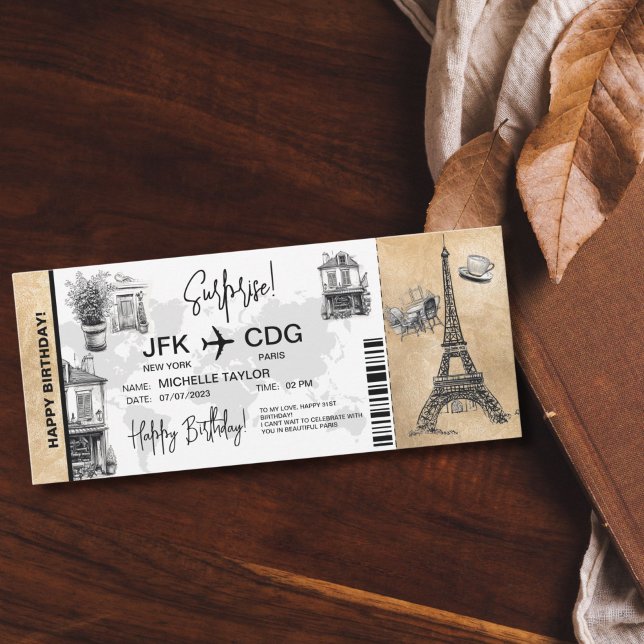 Paris Surprise Carte d'Anniversaire (CUTE DOODLE WHIMSICAL PARIS SURPRISE BOARDING PASS TICKET)