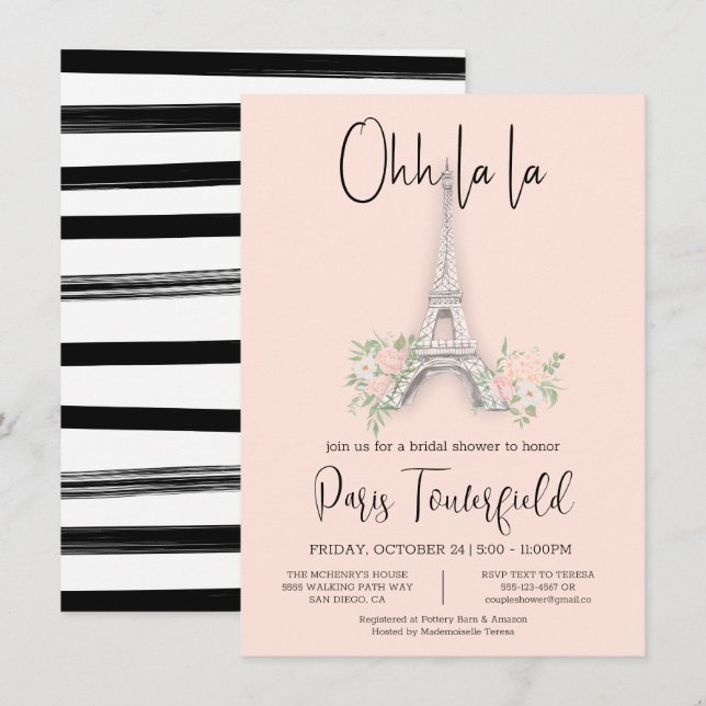 Paris Thema Bridal Dusche Einladungen (Vorne/Hinten)