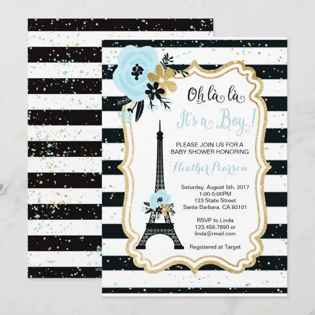 Paris Theme Baby Showeinladung - Blue Einladung (Vorne/Hinten)