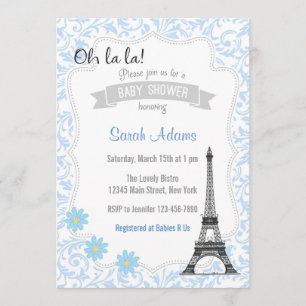 Paris Theme Babydusche Einladung Blue